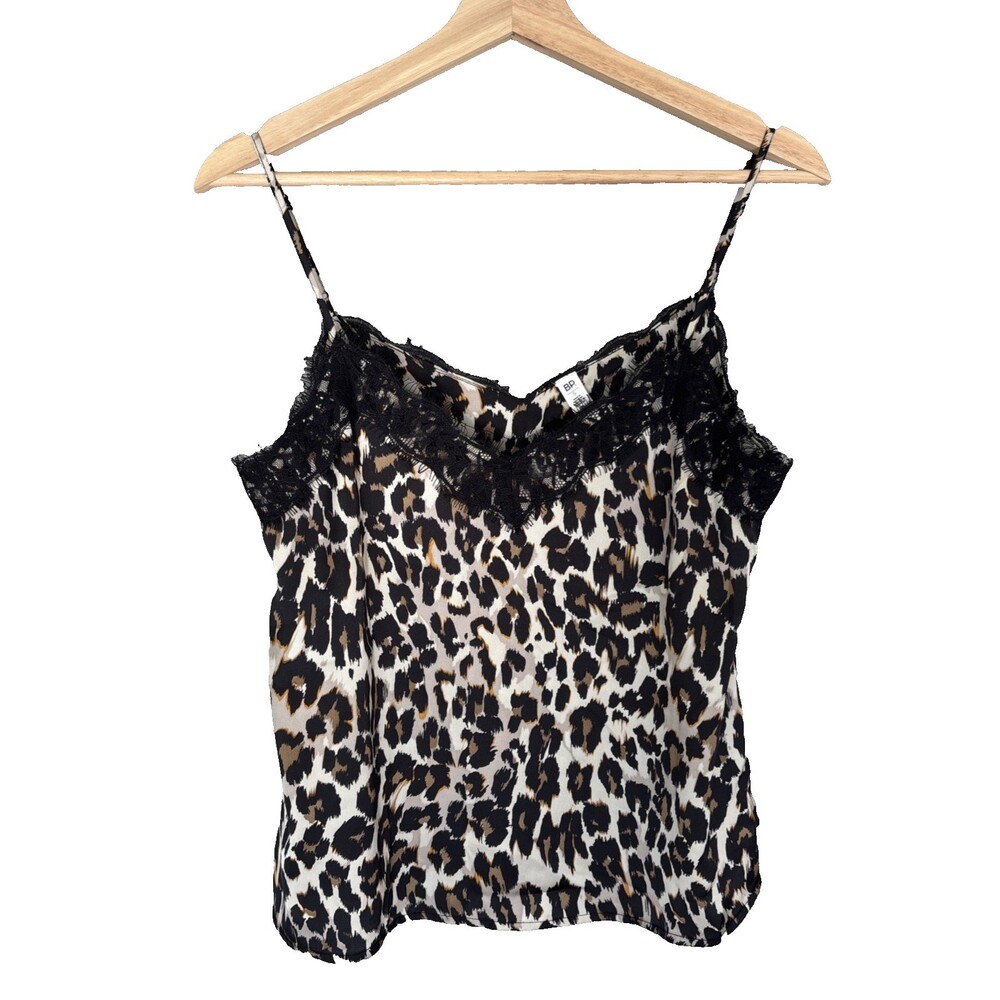 Leopard Print Camisole Tank Top Women’s Small BP Y2K Lace Trim Silky Slip V Neck